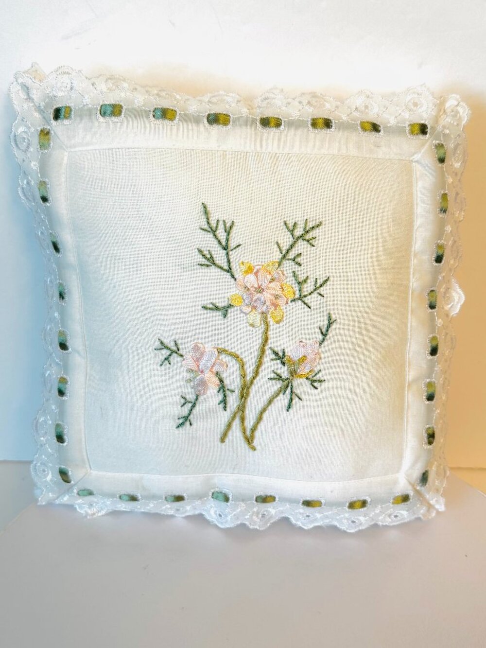 Vtg Boudoir Accent Pillow 9.5x9.5" Hand Embroidery Floral Satin Ribbon Eyelet